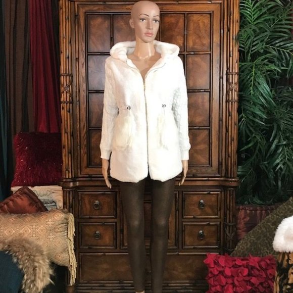 NWOT First Snow Mixed Faux Fur Cable Knit Sleeve Hooded Cardigan Coat - Picture 6 of 16